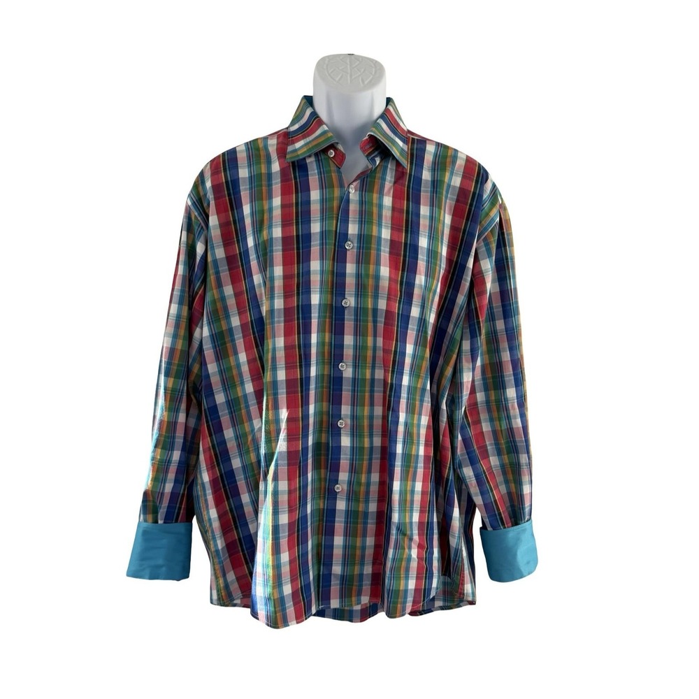 Marcello‎ Sport Shirt Mens XL Multicolor Plaid Button Long Sleeve Contrast Cuffs